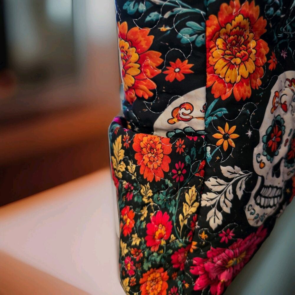 Fall Quilted Colorful Sugar Skull Tote Bag with side pockets 17" x 13.5"